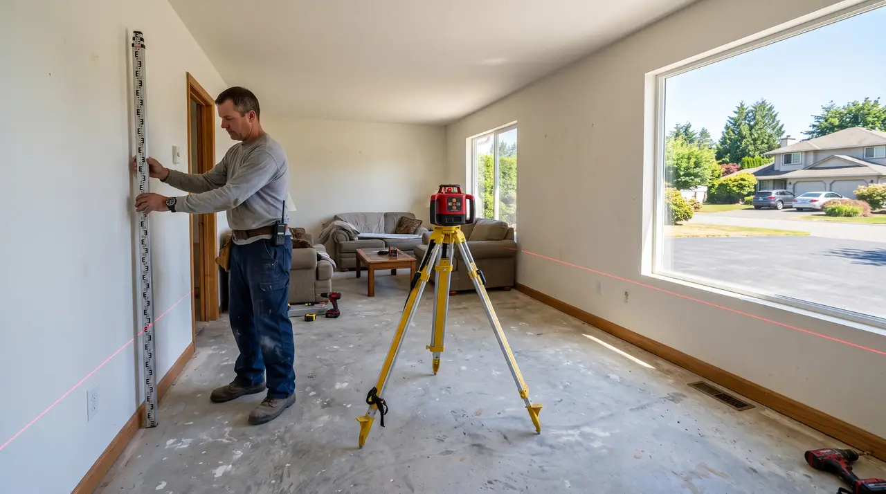 A worker holding a level staff against the interior wall of an empty room while a rotary laser on a tripod throws a line across the baseboard, taking floor elevations inside an ordinary house.